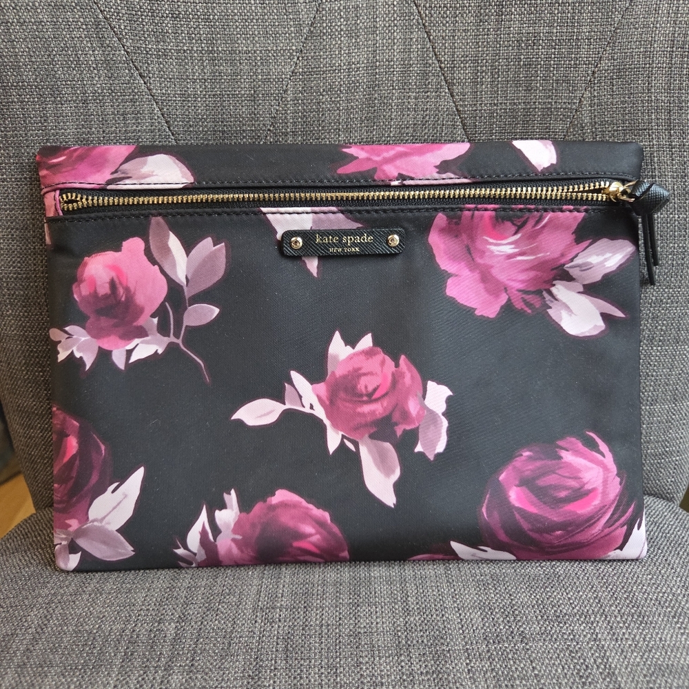 Kate Spade Black and Pink Floral Zip Clutch